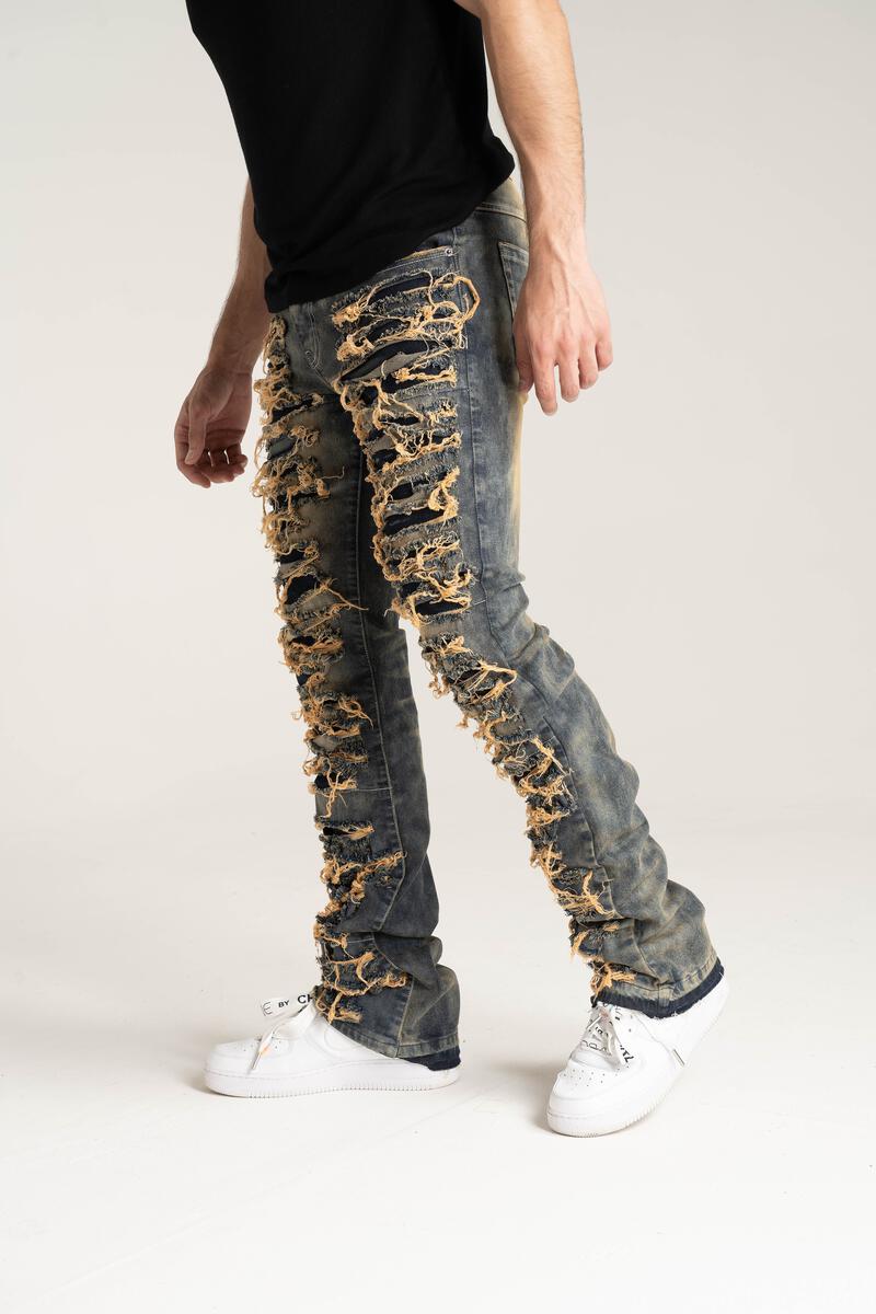 STACK JEANS WITH MULTI RIP & REPAIR TAUPE