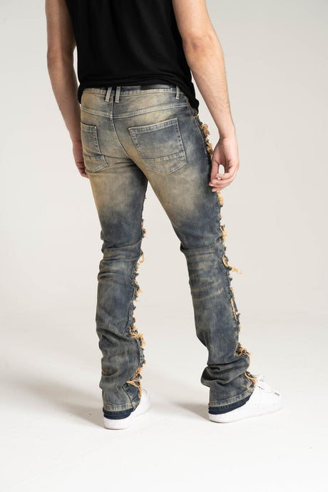 STACK JEANS WITH MULTI RIP & REPAIR TAUPE