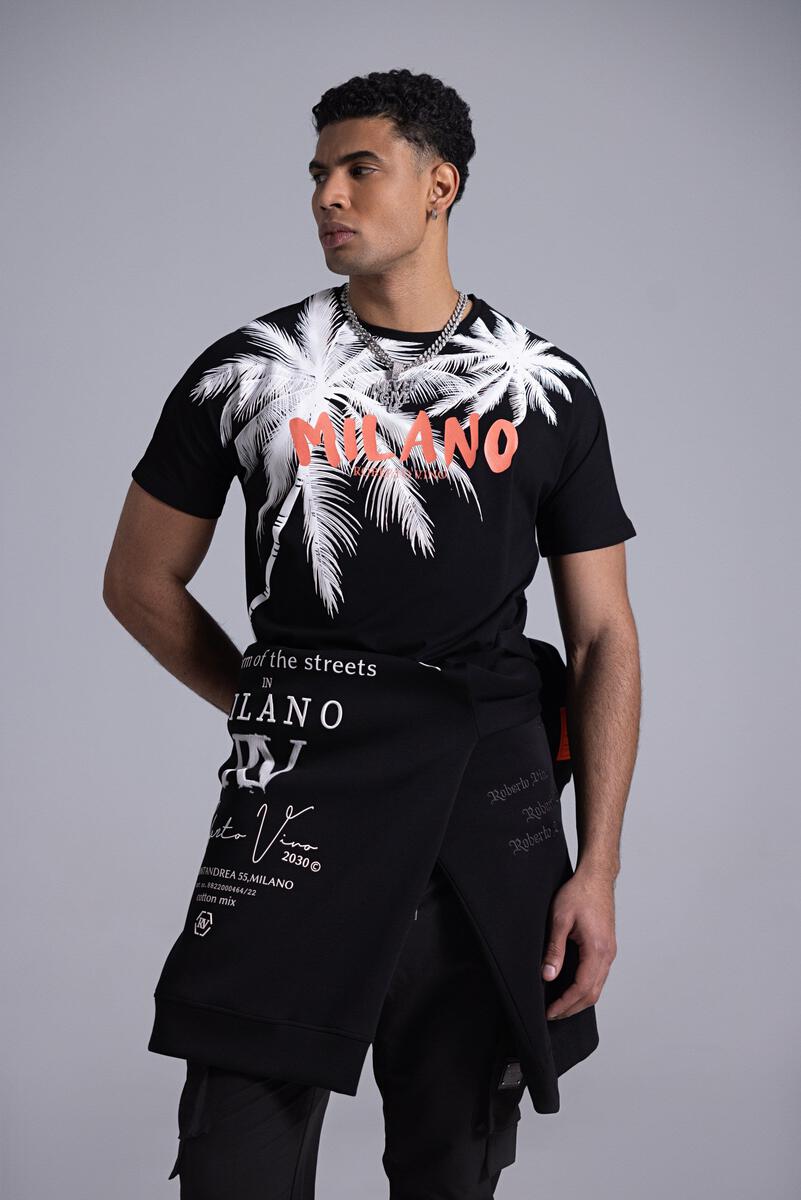 Model wearing Roberto Vino Milano Black T-Shirt