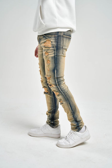 SK SLIM FIT STRETCH JEANS WITH 3D CRINKLE & REPAIR INDIGO