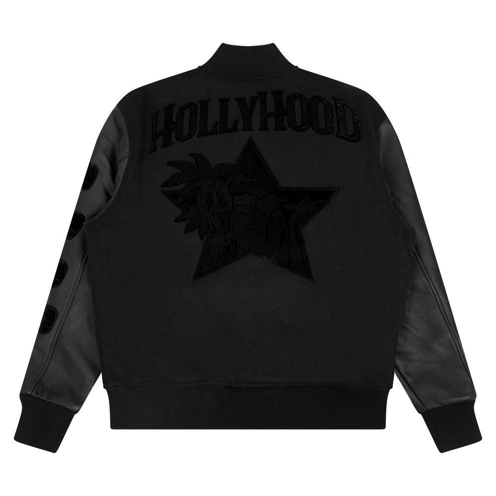 WEDDING CAKE RHINESTONE CHICAGO VARSITY JACKET BLACK