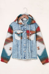 Drawstring Hooded Pocketed Denim Jacket MULTI COLORS