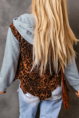 Leopard Distressed Drawstring Hooded Denim Jacket