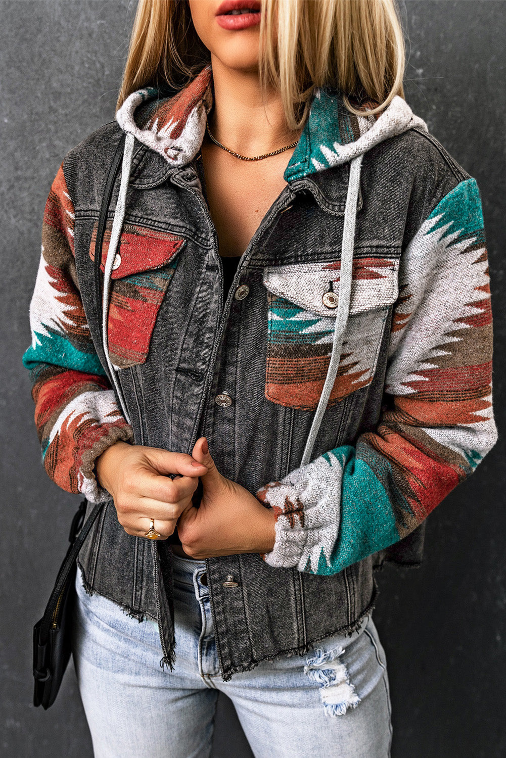 Drawstring Hooded Pocketed Denim Jacket MULTI COLORS