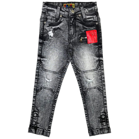 Elite Kids Denim Jeans - Black Wash/Red - Front View