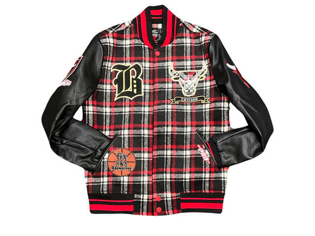 Pro Standard Chicago Bulls Pro Prep Rib Plaid Wool Varsity Jacket - Red / Black