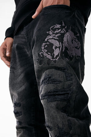 JORDAN CRAIG ETERNAL DARKNESS BLACK FLORAL EMBROIDERY JEANS