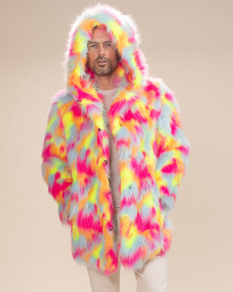 Hooded Men's Faux Fur Coat | Neon Calico Cat