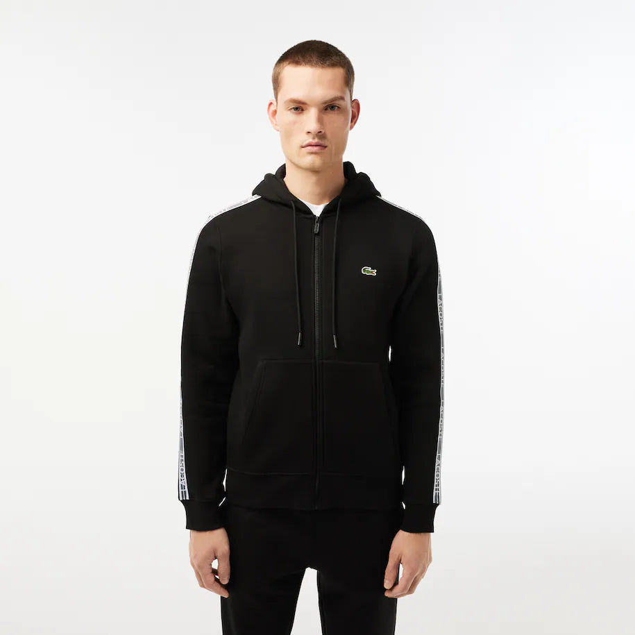 LACOSTE MEN’S CLASSIC FIT BRANDED STRIPES ZIP-UP HOODIE BLACK