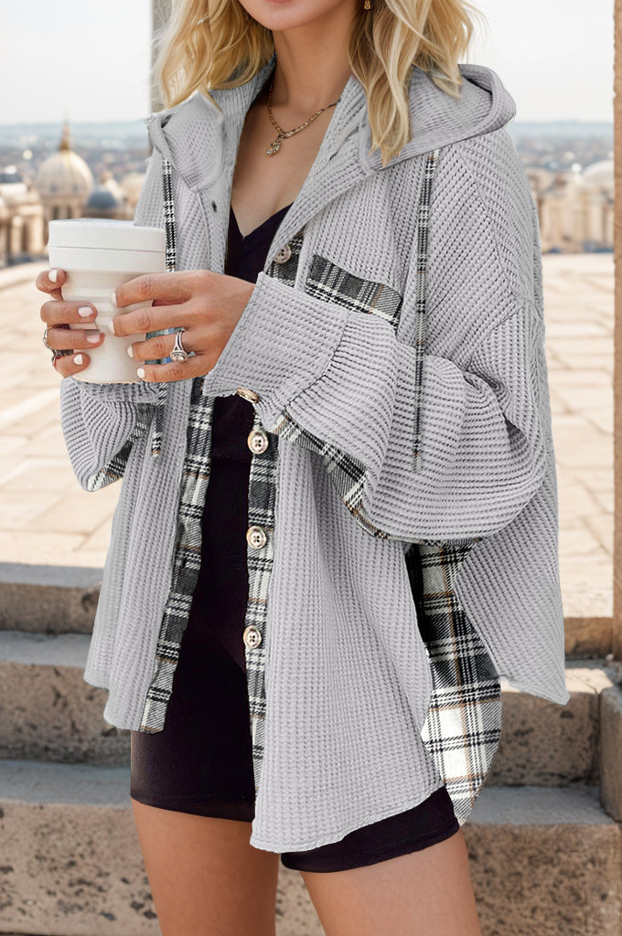 Plaid Waffle-Knit Drawstring Hooded Jacket