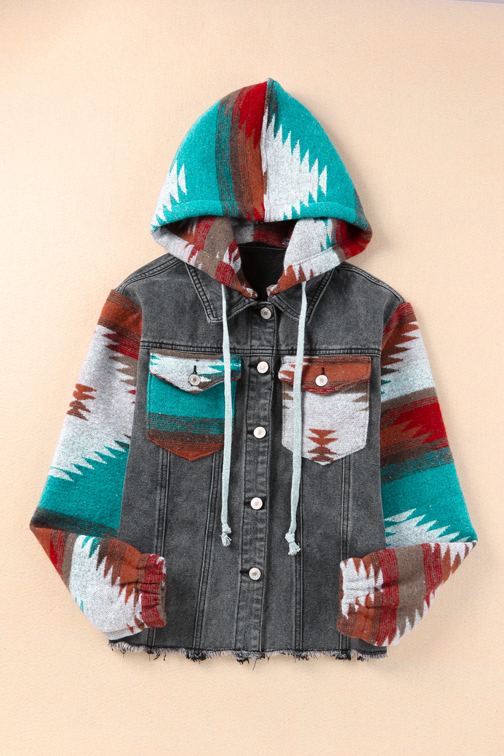 Drawstring Hooded Pocketed Denim Jacket MULTI COLORS