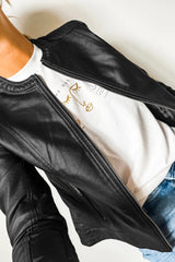 PU Leather Round Neck Long Sleeve Jacket