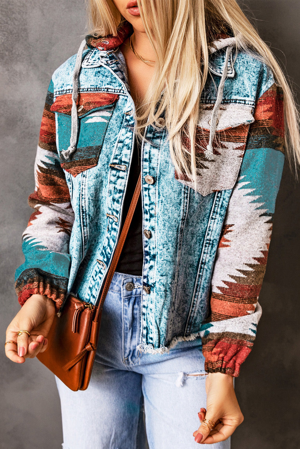 Drawstring Hooded Pocketed Denim Jacket MULTI COLORS